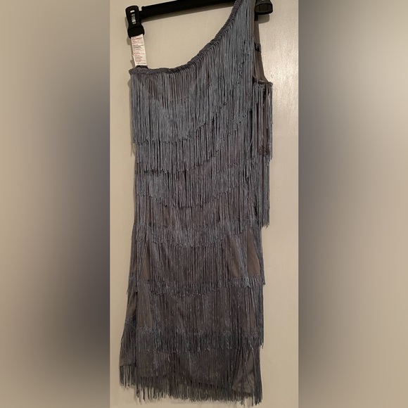 1 sleeve fringe dress, a light blue fringe in light gray fabric. Real cute. - Picture 2 of 6